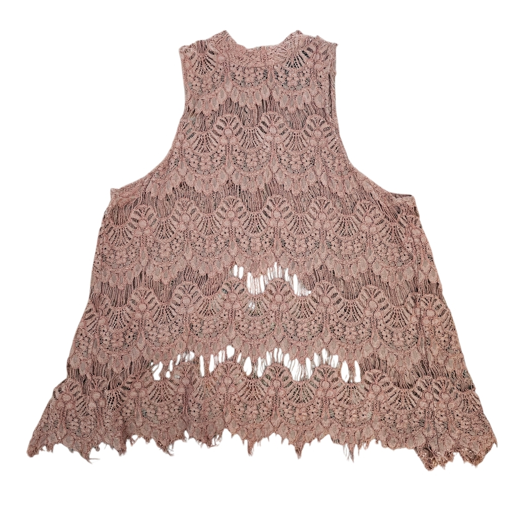 INNY Lace Blouse  1/2 Zip Backless Tank Rose Large Romantic Victorian Lace